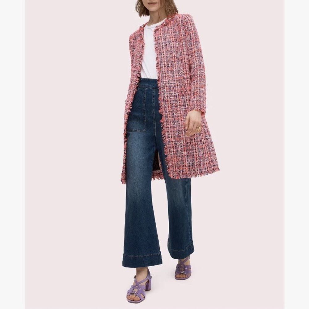 Kate Spade Studded Tweed Coat Peony Pink Open Long Coat Jacket Size 12 - SPRING!